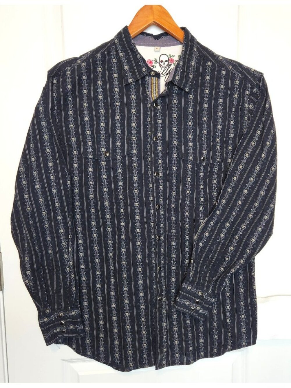 Scully Western Skull Print Long Sleeve Button Up w/Pearl Snaps Black Cowboy L